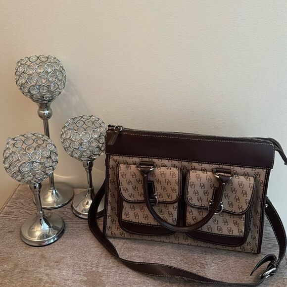 Dooney & Bourke Double Pocket Canvas Tote with Leather Trim- Tan/Brown - Picture 1 of 16